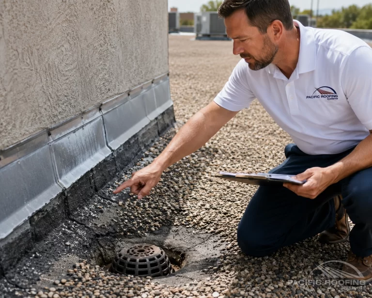 BUR roof inspection showing gravel surface, flashing, drainage area, and a technician identifying potential leak sources