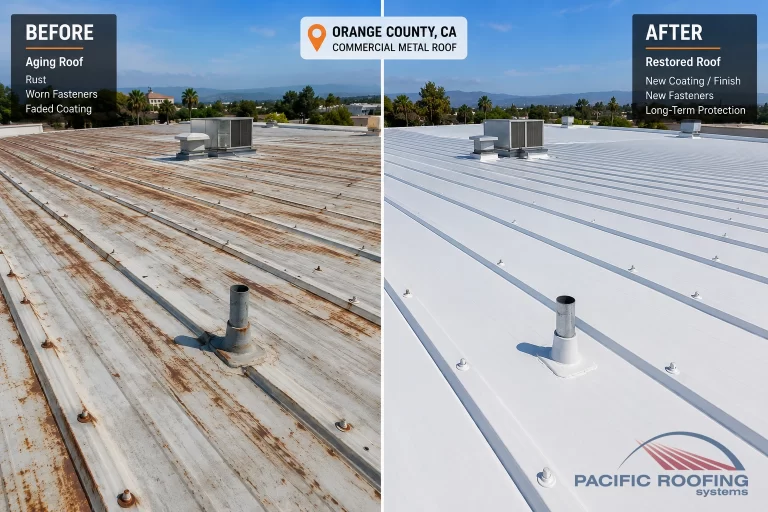 Before-and-after image showing an aging commercial metal roof with rust, worn fasteners, and faded coating on one side, and a restored or newly installed metal roof on the other.