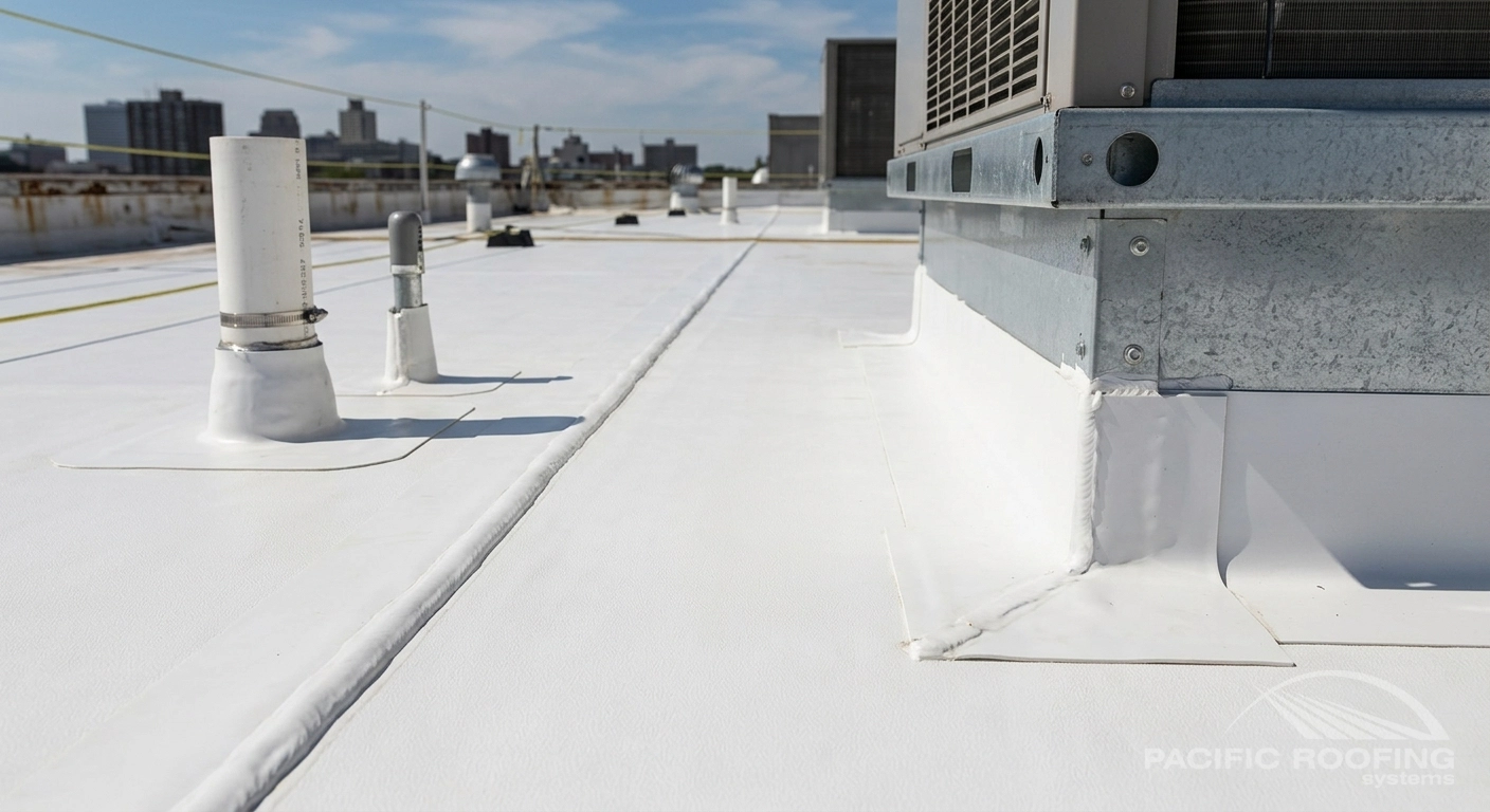 Close-up image of a clean TPO or PVC membrane installation