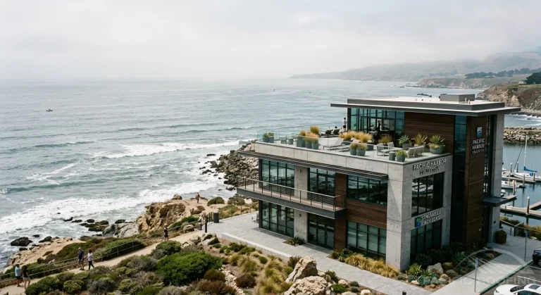 Coastal commercial building or rooftop near the ocean, with subtle marine-layer or salt-air environment