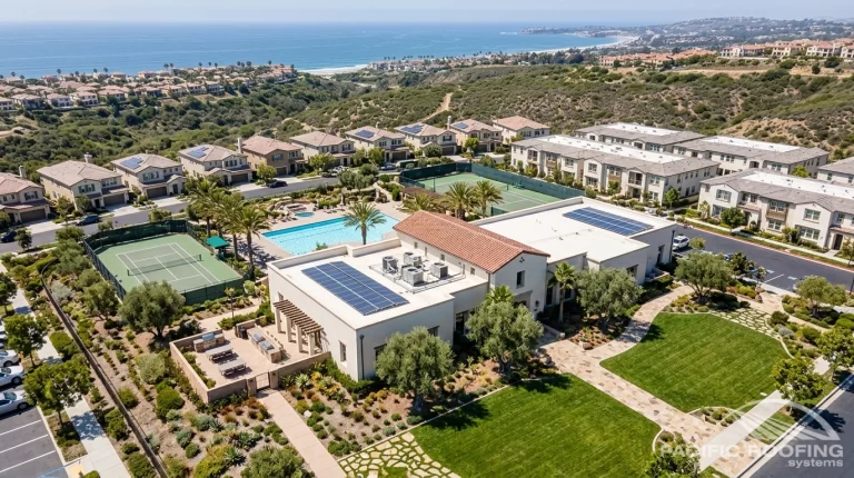 HOA clubhouse, pool building, or community facility with a clean commercial roof and attractive landscaping
