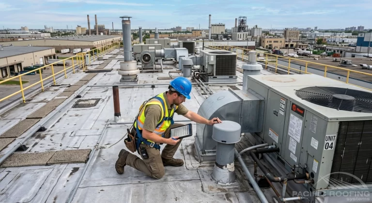 Industrial building roof with rooftop equipment, vents, and a roofing technician performing an inspection.