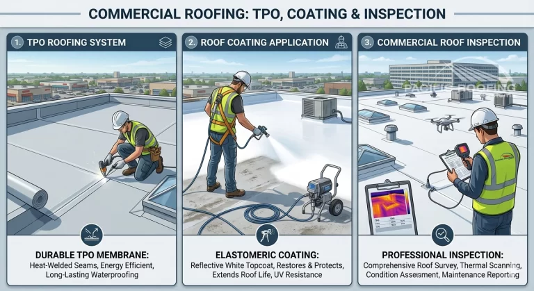 Side-by-side visual showing TPO membrane, roof coating application, and commercial roof inspection