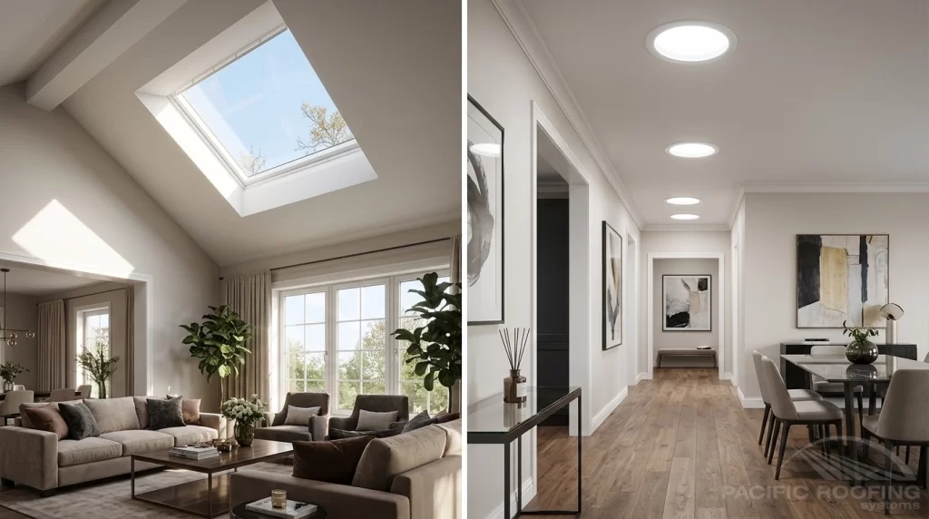 one side is a Velux skylight, and the other side is a Velux sun tunnel, each in the interior of an upscale home.