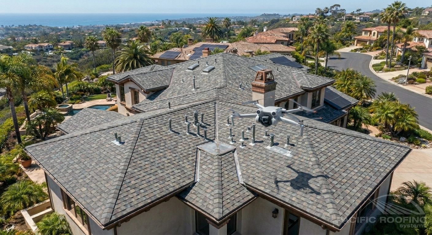 Aerial drone view of a tile roof condition survey in Southern California