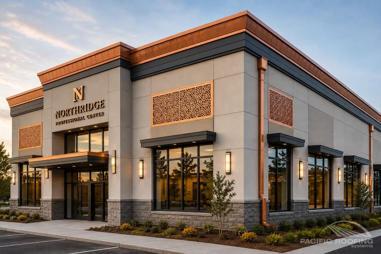 Finished commercial property showcasing architectural copper details, custom coping, fascia, gutters, and decorative wall panels integrated into the building facade.