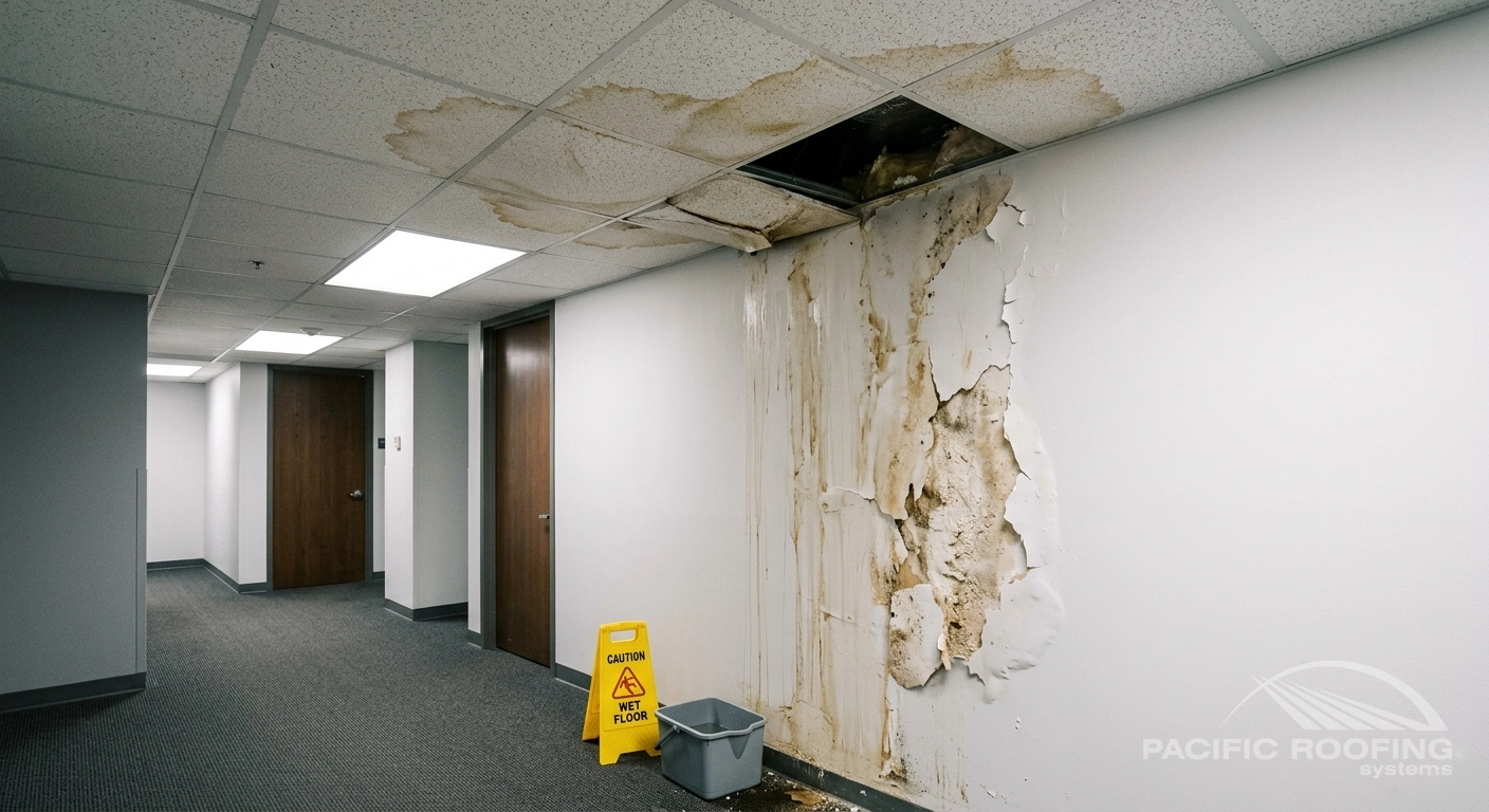 commercial building interior with interior ceiling and drywall damage.