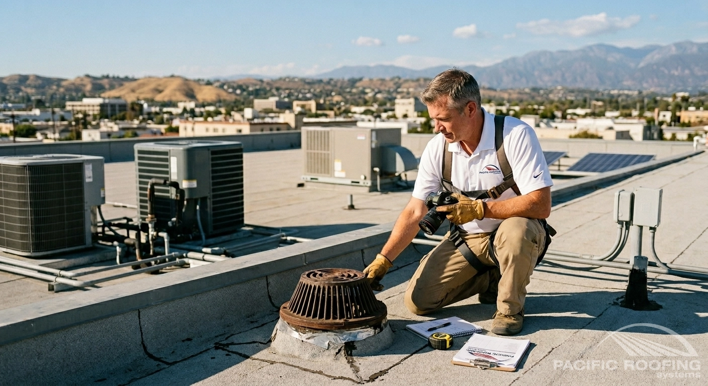 Commercial flat roof drain and rooftop equipment area being inspected during preventative maintenance