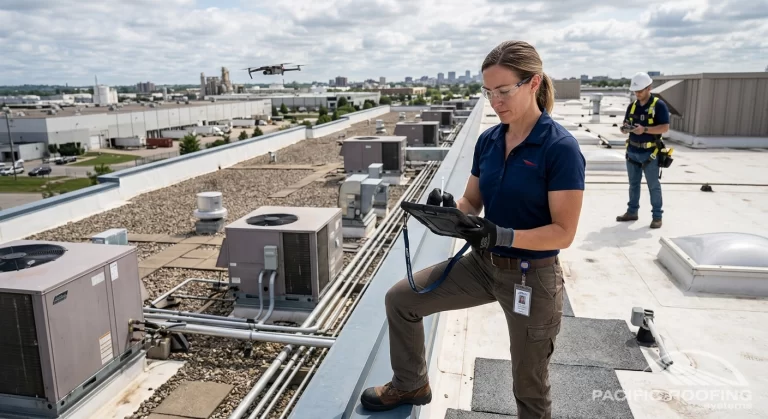 Roofing technician completing a commercial roof inspection checklist or using a drone/tablet on a flat roof