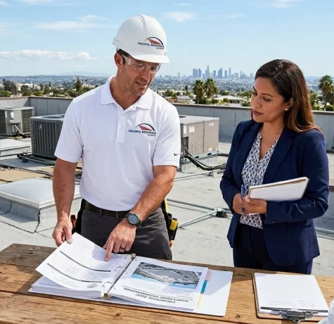 commercial roofing professional reviewing roof maintenance documentation with a property manager