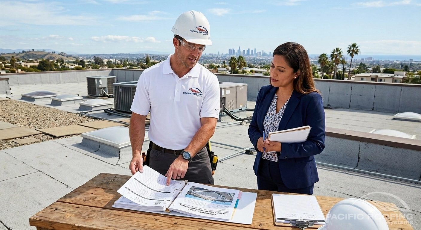 ommercial roofing professional reviewing roof maintenance documentation with a property manager