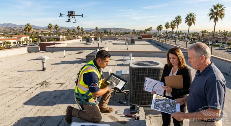 Comprehensive roof evaluations help property managers understand existing conditions and make informed replacement decisions. Commercial roofing contractor reviewing roof conditions with a property manager.