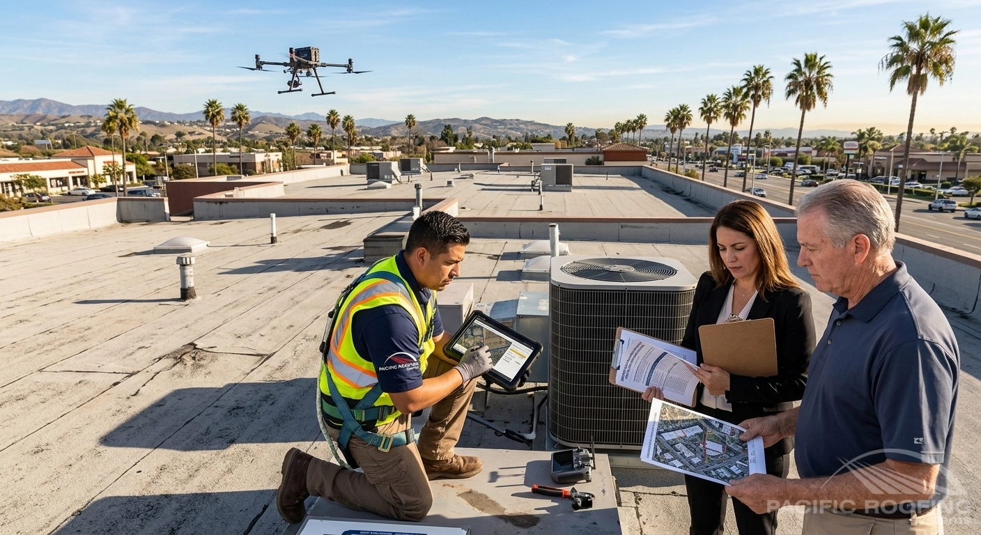 Comprehensive roof evaluations help property managers understand existing conditions and make informed replacement decisions. Commercial roofing contractor reviewing roof conditions with a property manager.