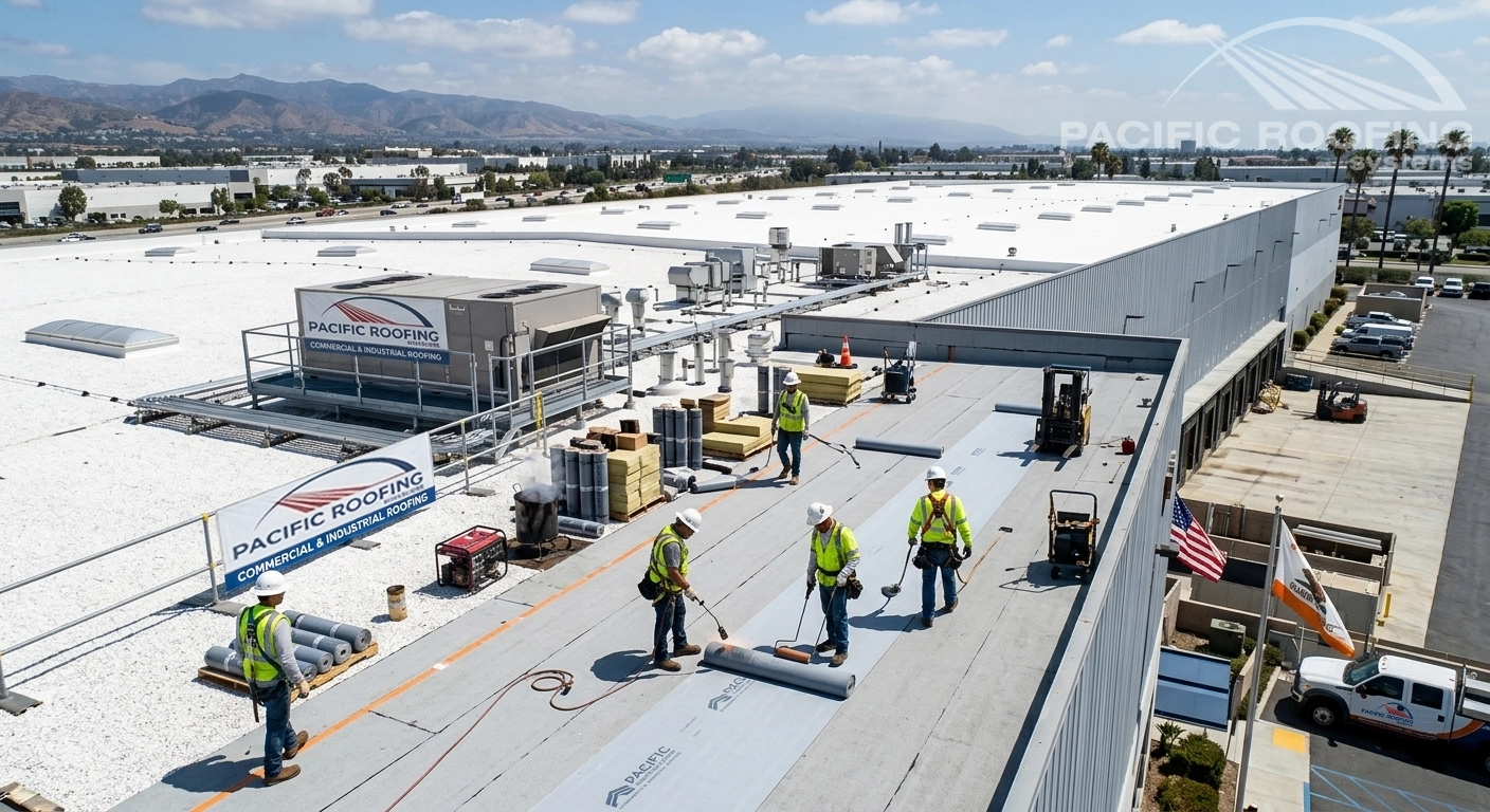 Pacific Roofing Systems crew working on a large commercial flat roof, warehouse roof, retail center, or office building roof in Orange County.