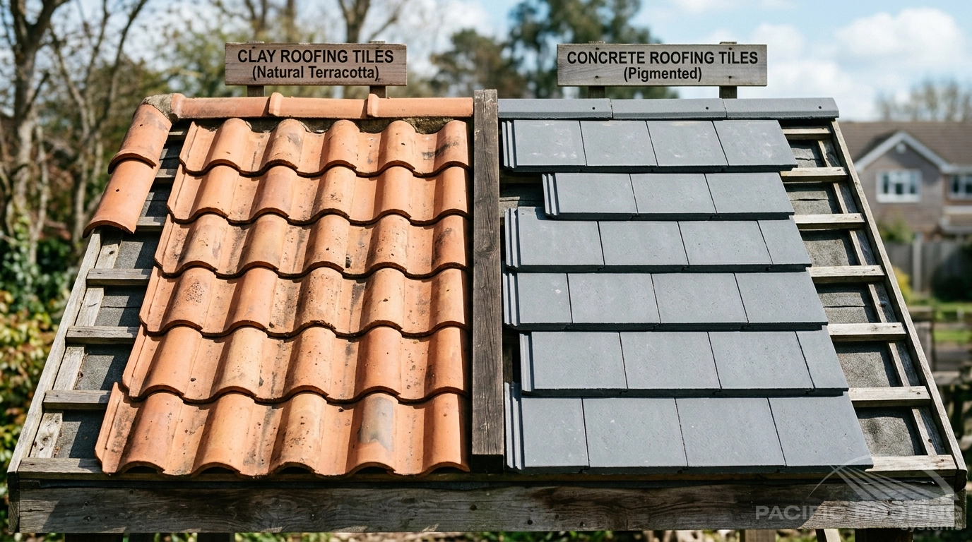 a side-by-side comparison between clay and concrete roofing tiles