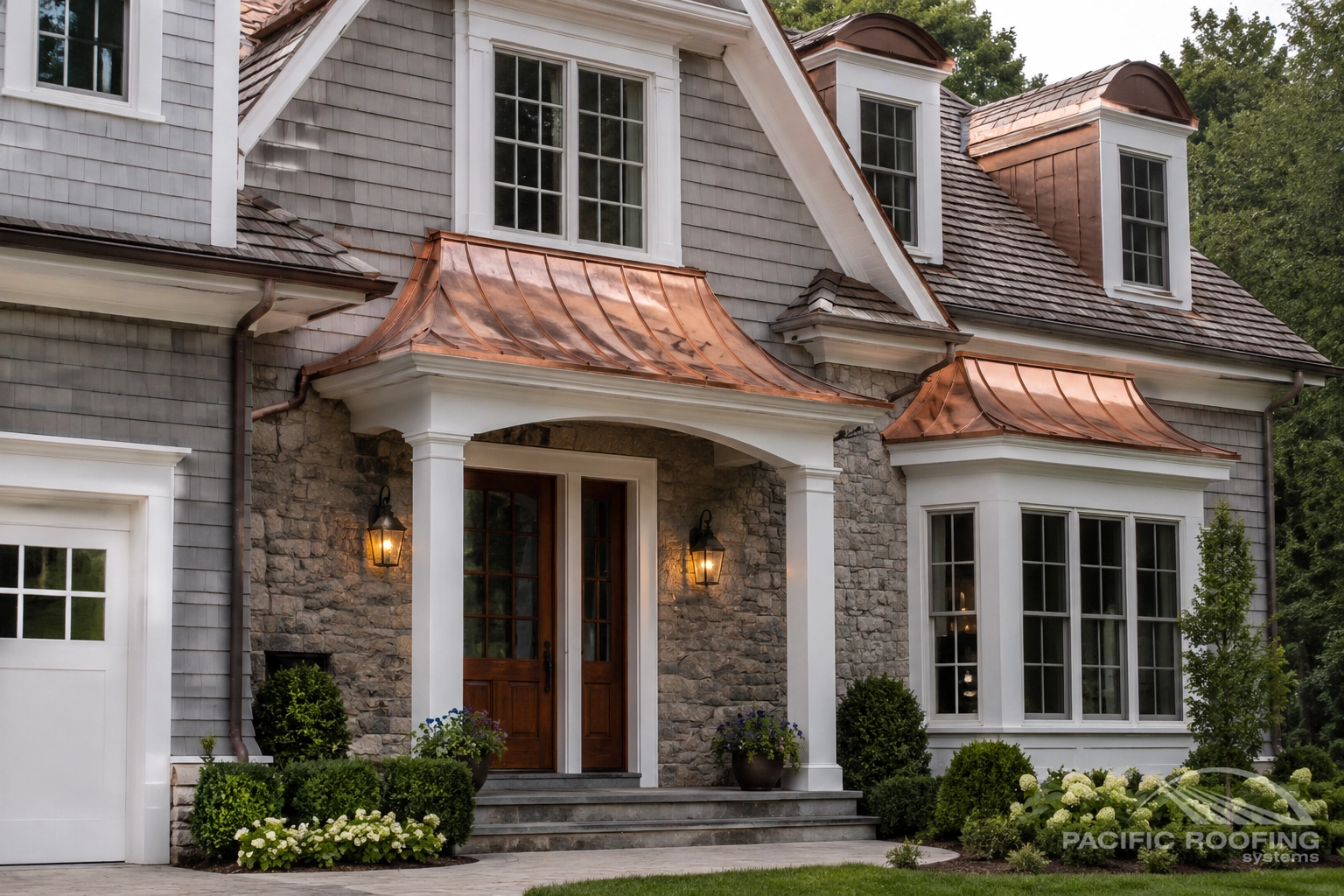 Copper roof accent over residential entryway