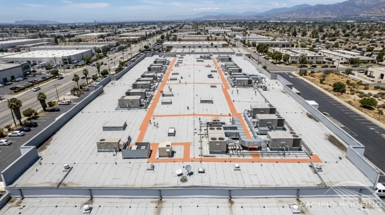 Aerial drone image of commercial rooftop equipment, curbs, penetrations, and flat roof drainage areas
