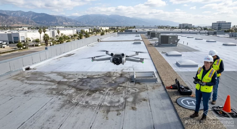 drone inspection used to identify potential moisture concerns on a commercial flat roof