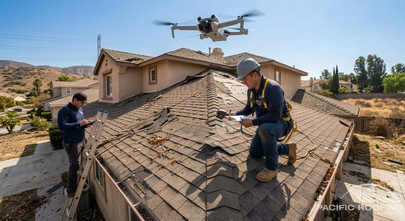 Roofing professional reviewing drone roof inspection images for repair and replacement planning