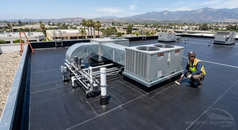 EPDM roofing installed around commercial rooftop equipment and penetrations