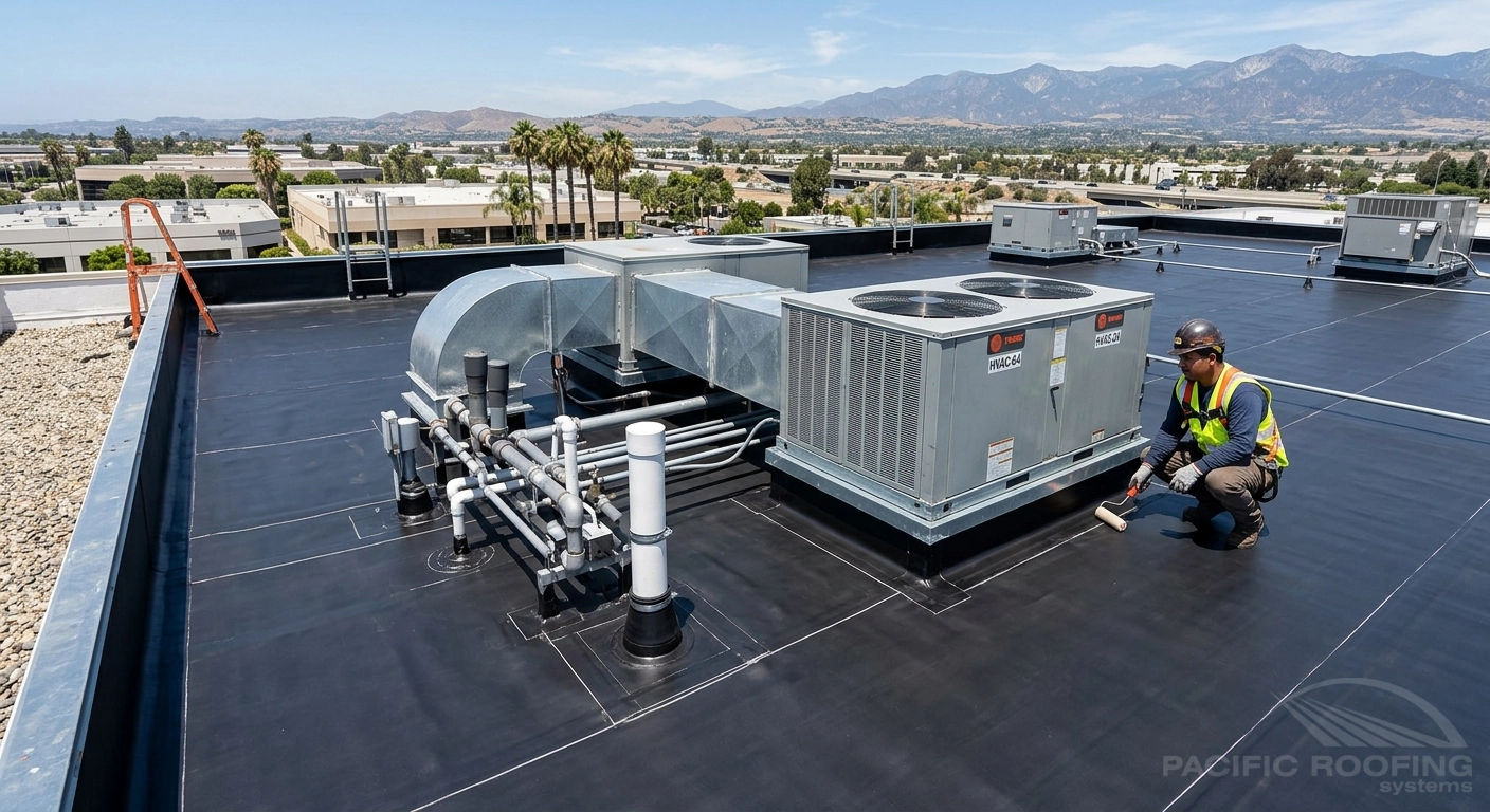 EPDM roofing installed around commercial rooftop equipment and penetrations