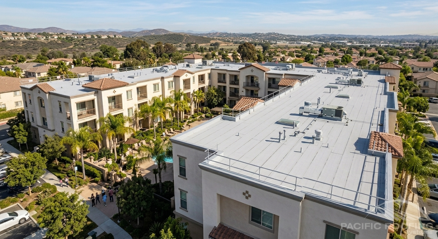 Completed commercial flat roof replacement project in Southern California. A properly installed commercial roof replacement provides decades of reliable protection and long-term value.
