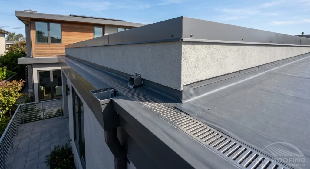 Drainage and edge detail on a residential flat patio roof