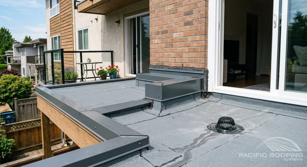 Residential flat patio roof repair with careful flashing and waterproofing details