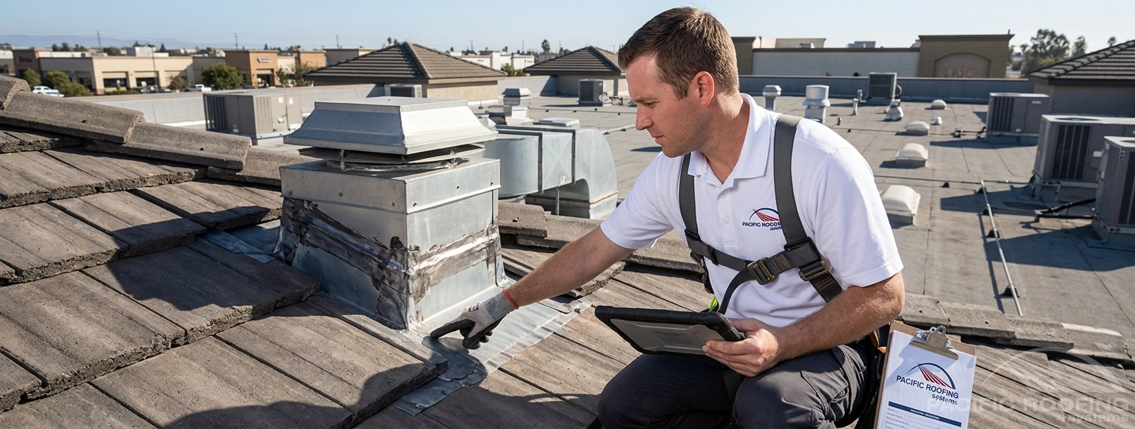 Pacific Roofing Systems technician inspecting shingle roof details near a valley on a commercial property.