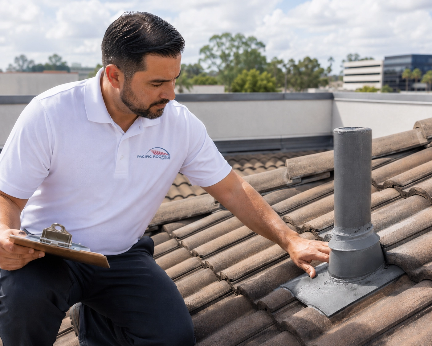 Pacific Roofing Systems technician inspecting tile roof details on a commercial property.
