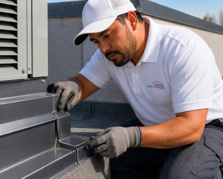 Pacific Roofing Systems technician inspecting or installing custom flashing around rooftop mechanical equipment,