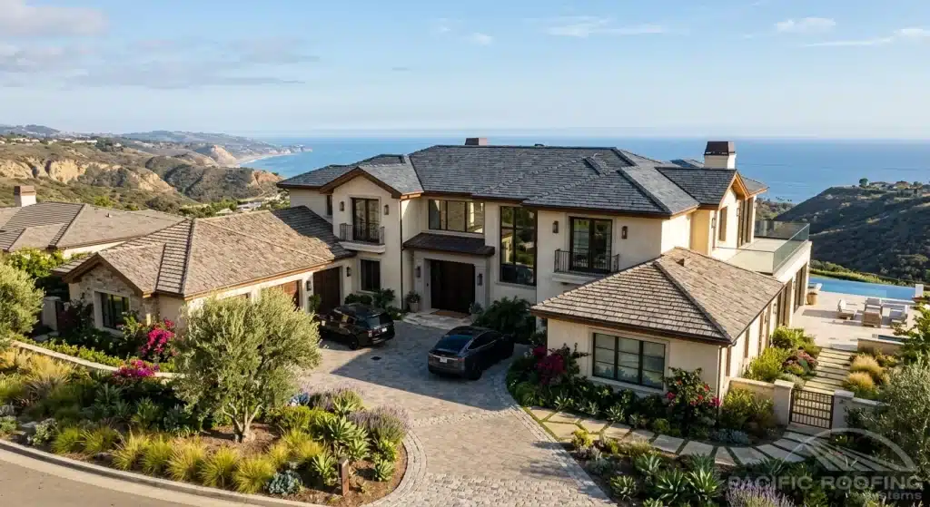 Luxury Southern California home with premium slate and cedar style roofing