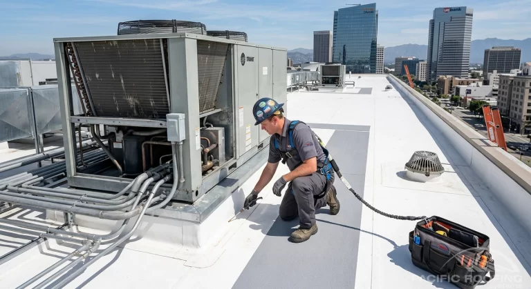 office building roof inspection with a roofer checking seams, drains, or rooftop HVAC equipment