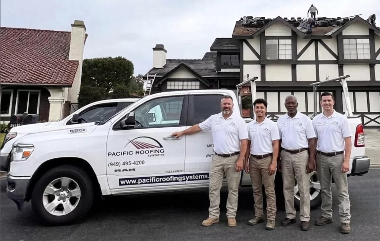 Pacific Roofing Systems team photo, branded truck, and crew working safely on a commercial roof
