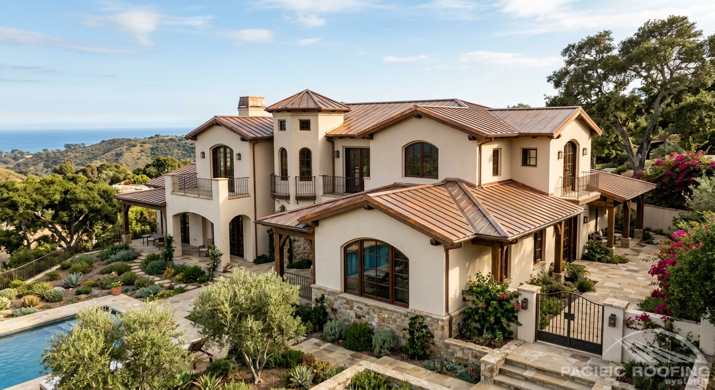 Luxury Southern California home featuring a residential copper roof