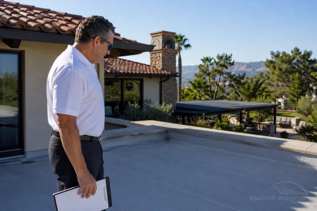 Roofing professional inspecting a residential flat patio roof in Southern California