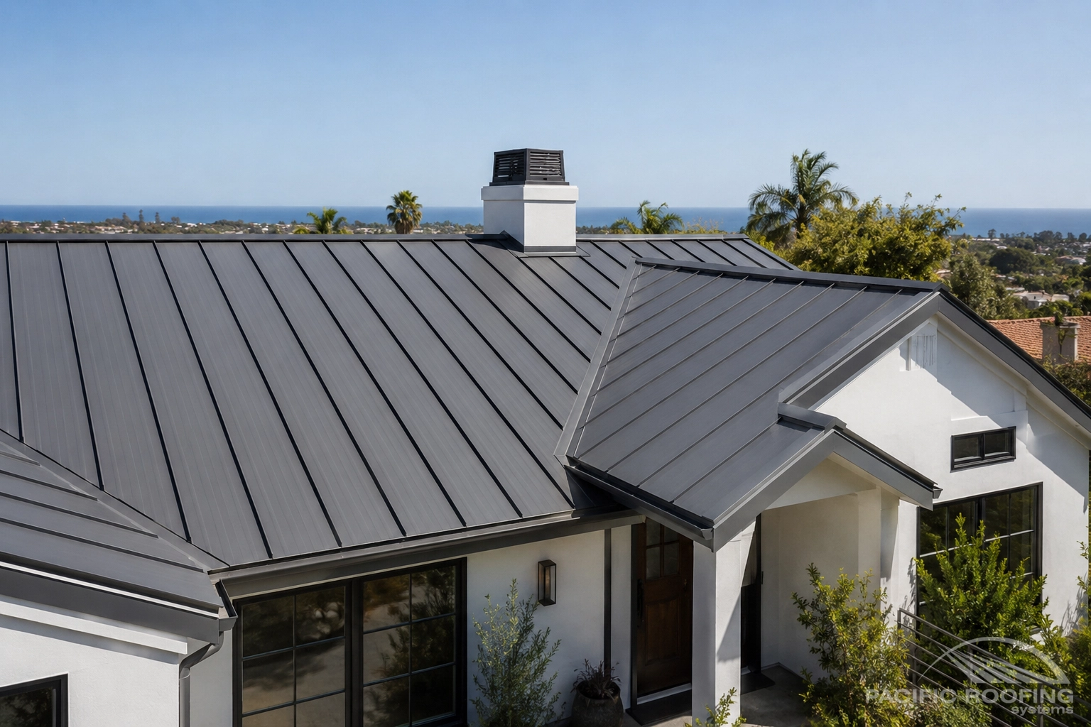 Residential metal roof detail showing clean flashing and professional installation