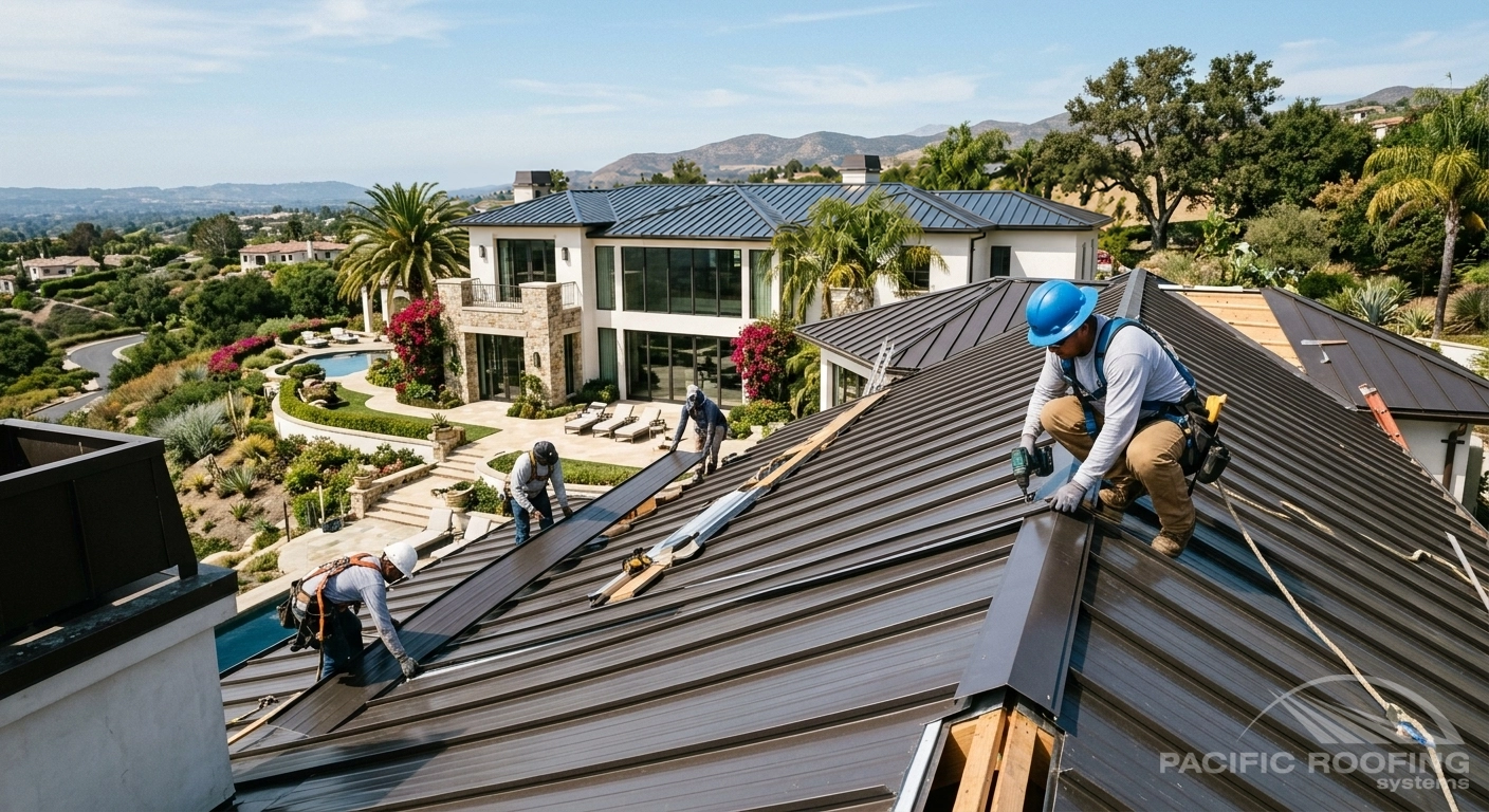 Roofing crew installing a residential metal roof on a Southern California home
