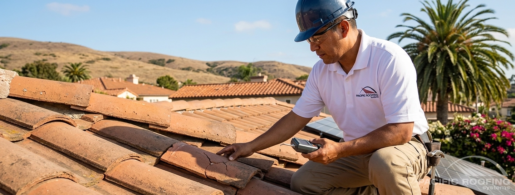 Residential roofing contractor inspecting a tile roof in Orange County and Ventura County, Southern California
