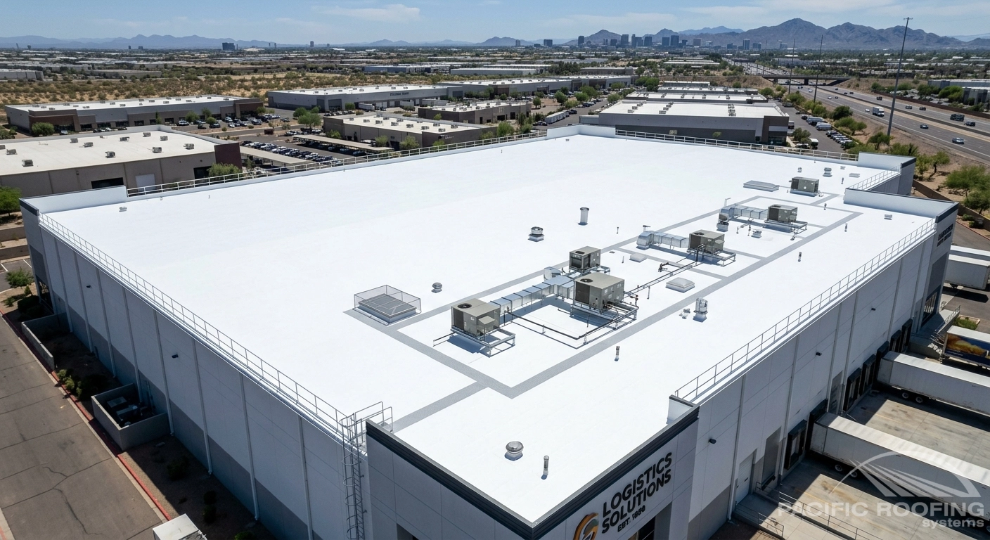 Finished commercial flat roof restored with a white reflective roof coating system