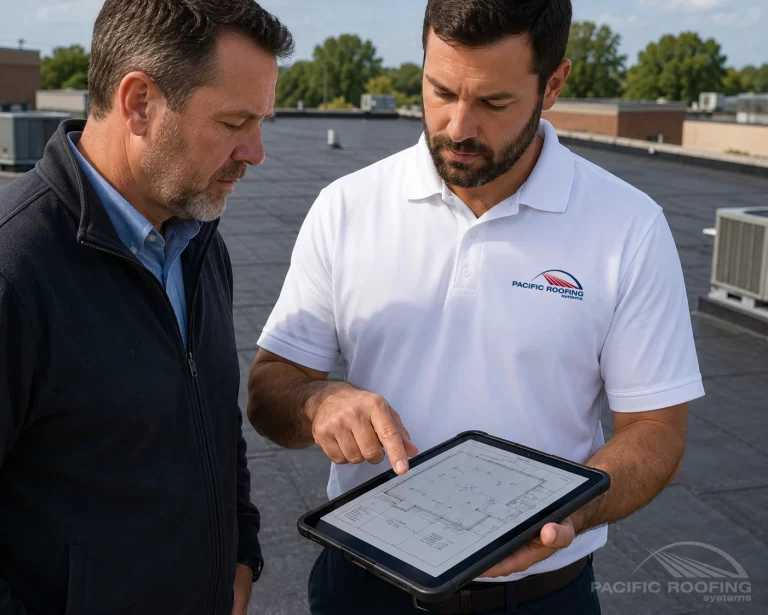 Property manager and Pacific Roofing Systems project manager reviewing a BUR flat roof on a commercial building, with roof plans or a tablet visible.