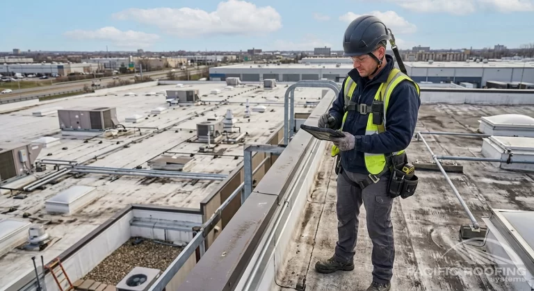 roofer with tablet or checklist documenting a commercial roof inspection