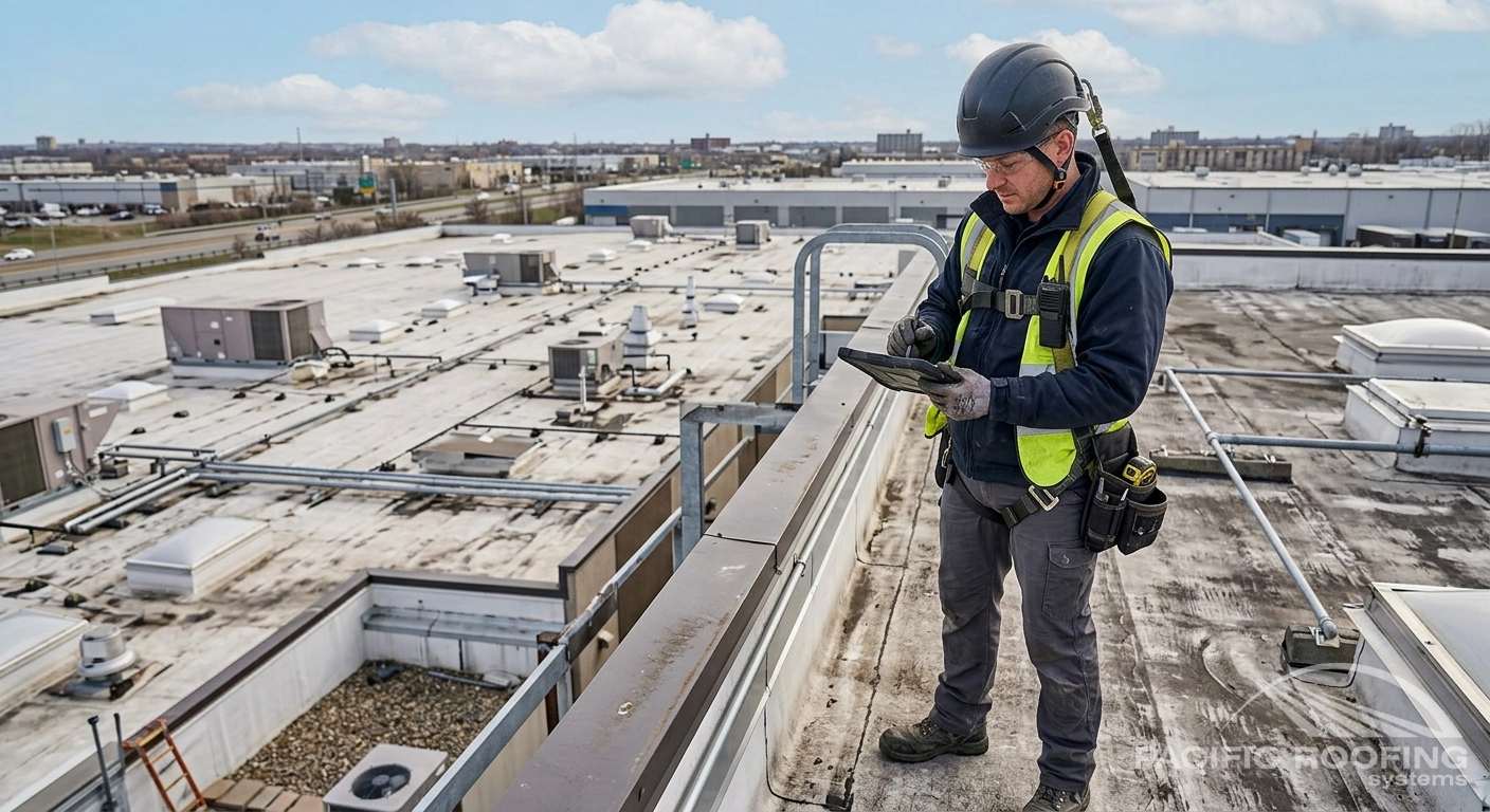 roofer with tablet or checklist documenting a commercial roof inspection