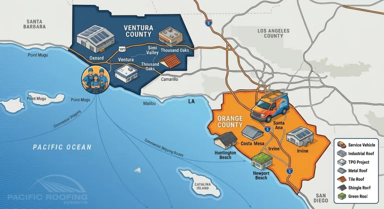 Map service-area image showing Orange County and Ventura County with commercial roofing icons or project-style visuals