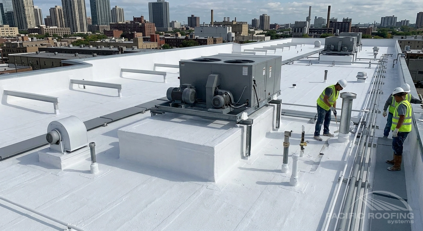 Commercial roof coating installed around rooftop equipment, curbs, seams, and penetrations
