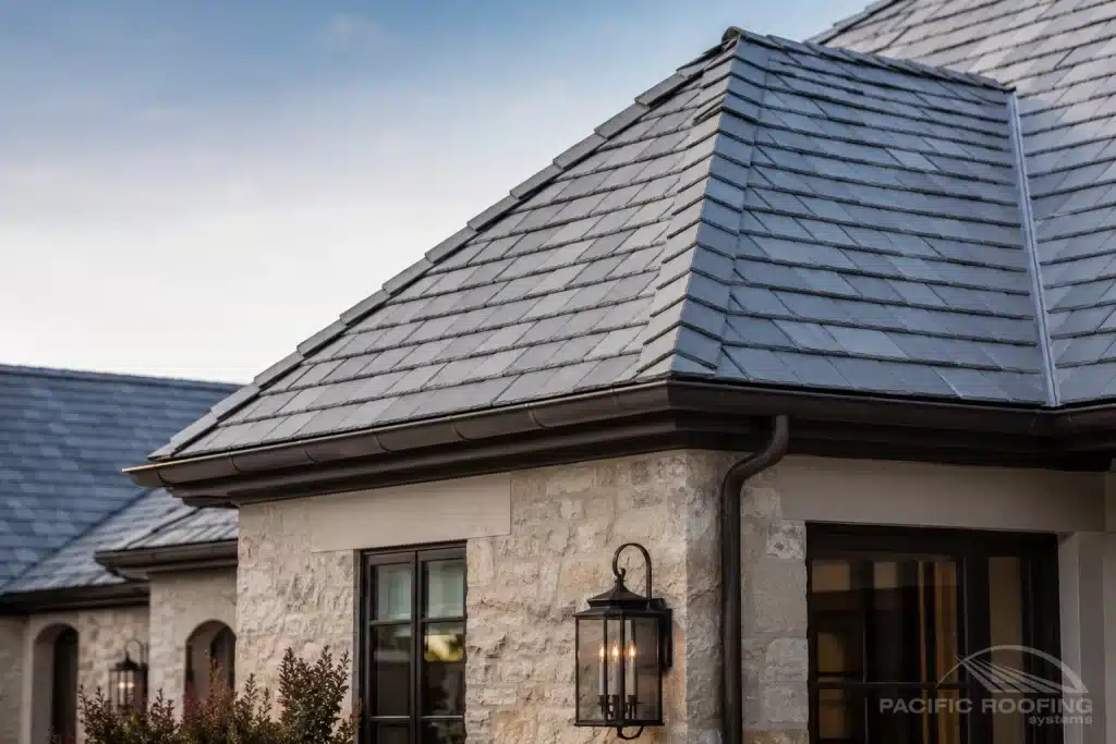Close-up of slate roofing detail on a custom luxury home
