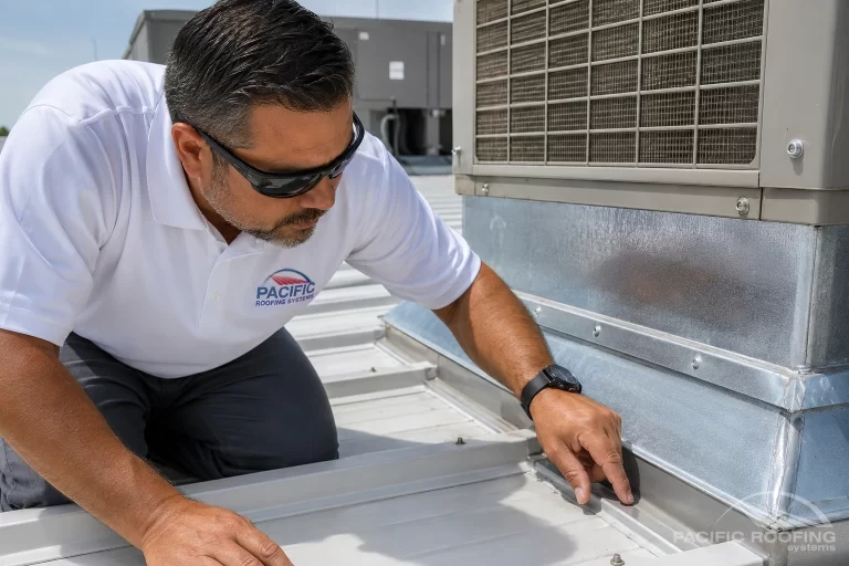 Pacific Roofing Systems technician inspecting seams, fasteners, and flashing on a commercial metal roof near rooftop mechanical equipment.