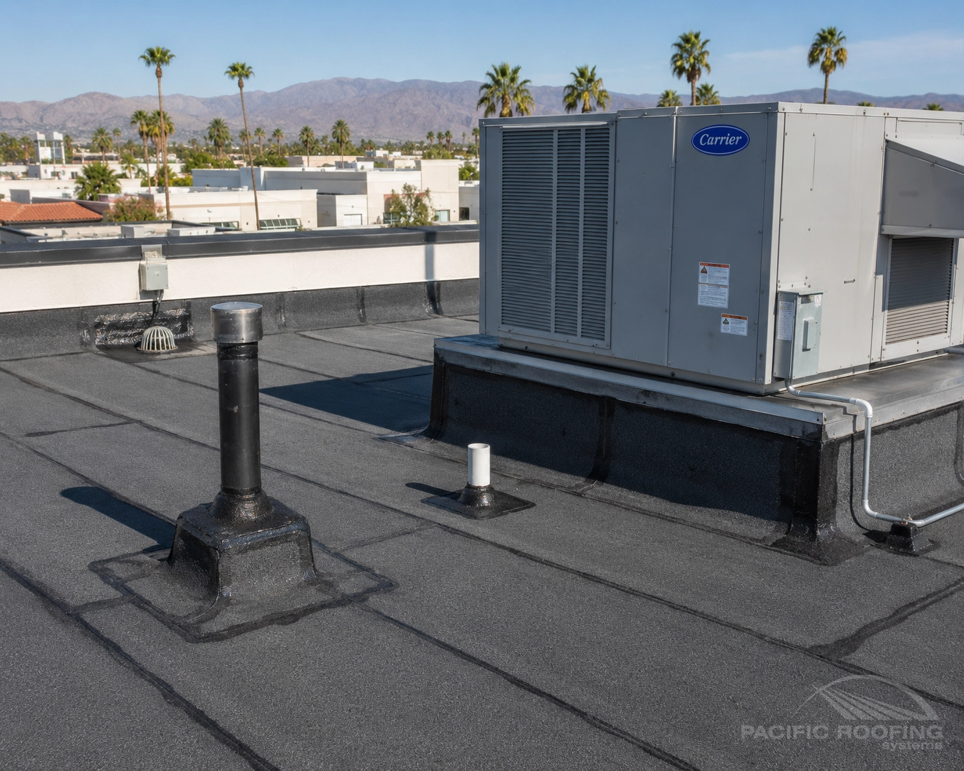 Torch down roofing installed around commercial rooftop equipment and penetrations