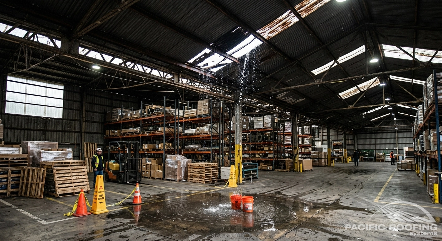 warehouse interior with a roof leaking through the ceiling