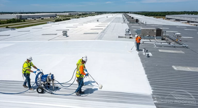 Large white reflective warehouse roof coating application, preferably showing clean coating coverage and commercial scale